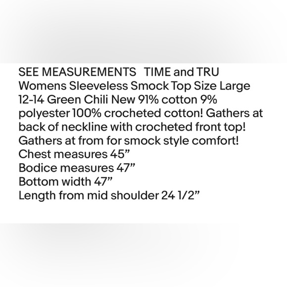 TIME and TRU Womens Sleeveless Smock Top Size Large 12-14 Green Chili New - Picture 8 of 8